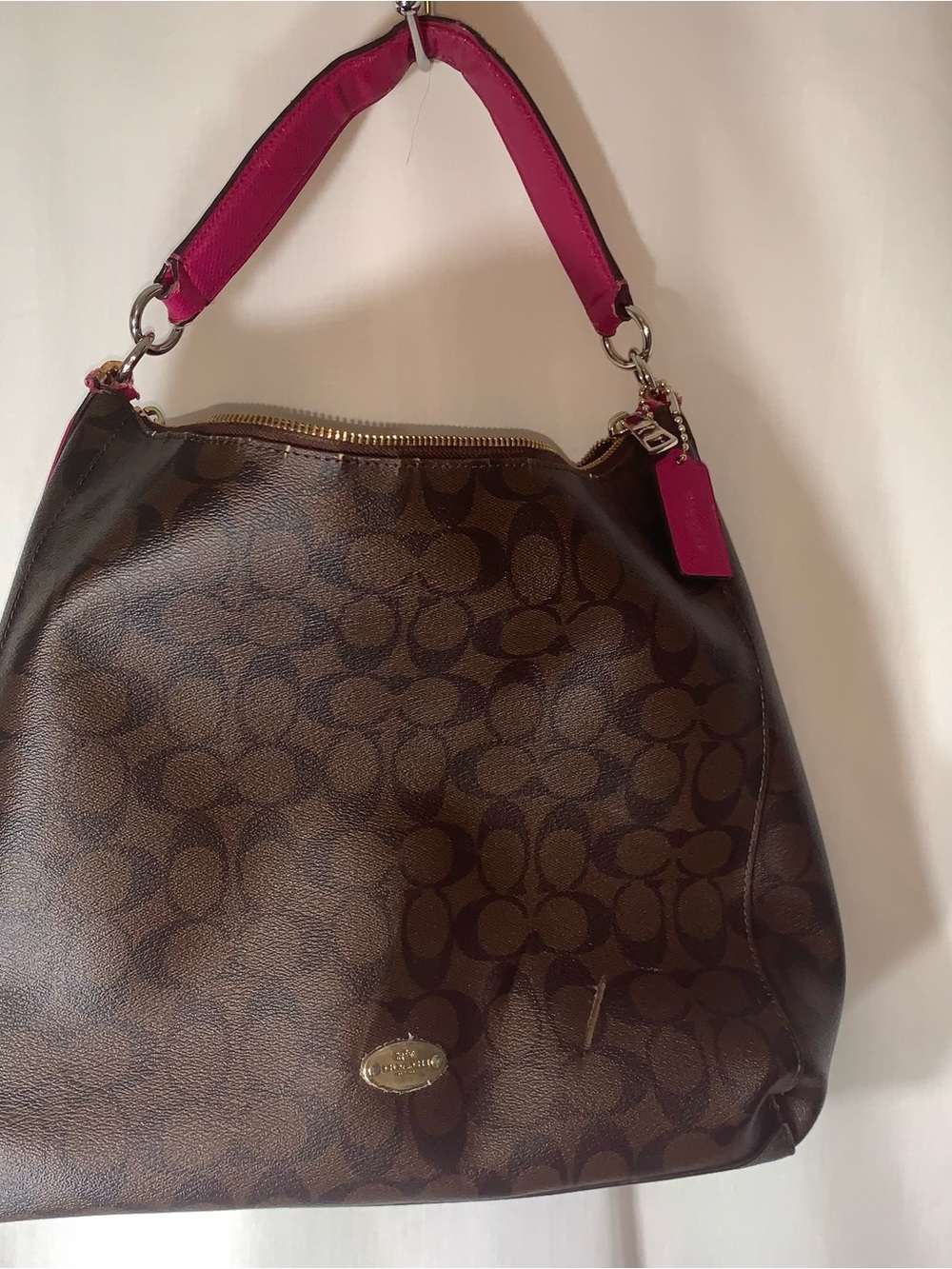 Coach Brown Signature Canvas Shoulder Bag with Pink Handle